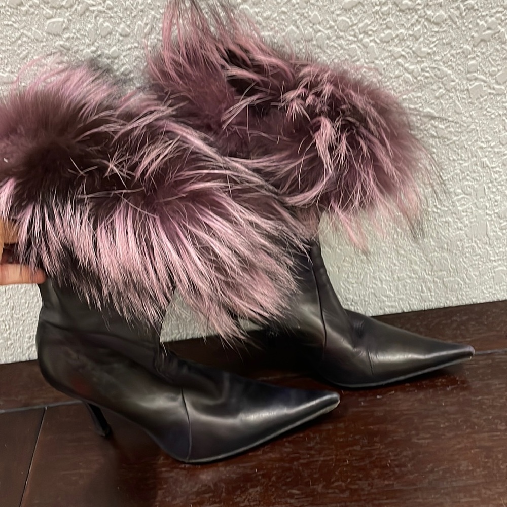 Black high heel boots with fur trim